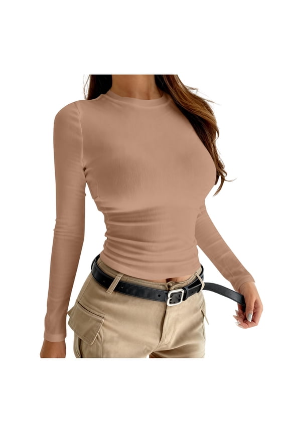 Women's Round Neck Base Layer Fall Underwear Shirts Long Sleeve T-Shirt Slimming Solid Color Tops Khaki