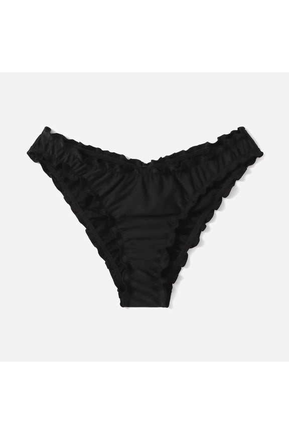 Women's Ruched Bikini Bottoms Cheeky Low Rise Ruffle Trim Swim Briefs Quick Dry Summer Hipster Beach Bottoms Black