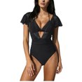 thumbnail image 1 of ZQUUVOU Women's Ruffle Sleeve Swimsuit Plung V Neck High Cut Solid Color One Piece Swimsui Built in Bra Bathing Suit Black, 1 of 5