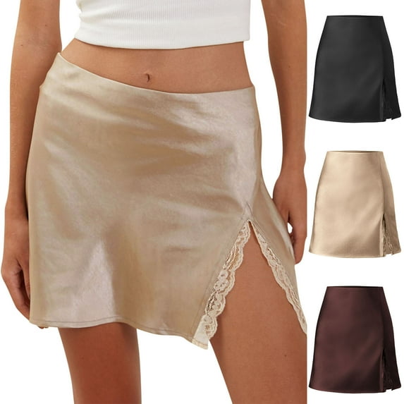 ZQUUVOU Women's Satin Lace Pencil Skirt Solid Color High Waist Side Slit Bodycon Mini Skirt Evening Party Work Black