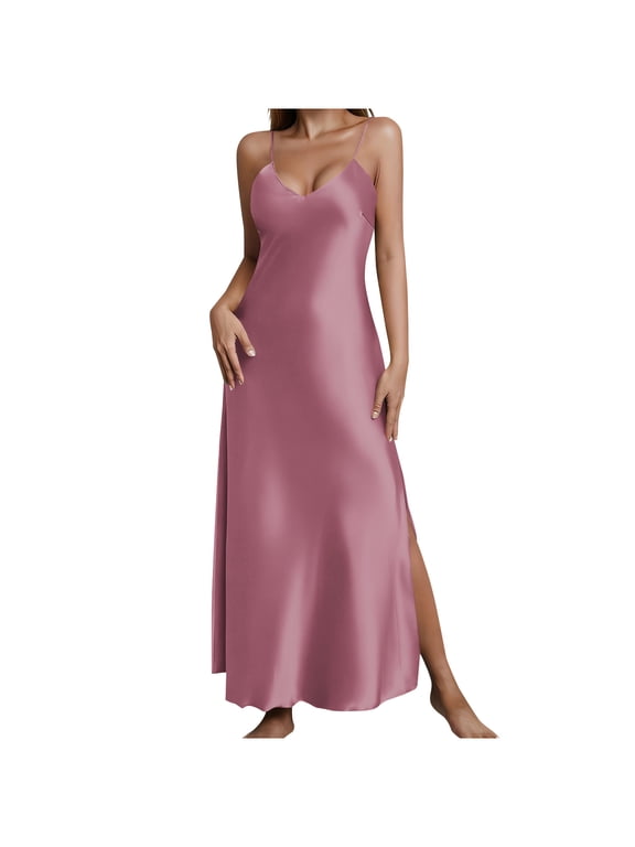 Women's Satin Nightgown V Neck Spaghetti Strap Side Split Long Silky Slip Dress Casual Soft Breathable Summer Sleepwear Purple