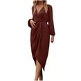 thumbnail image 1 of ZQUUVOU Women's Satin Slip Dress V Neck Long Sleeve Ribbed Cuff Cross Front Tie Waist Knee Length Slit Party Gown Brown, 1 of 7