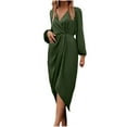 thumbnail image 1 of ZQUUVOU Women's Satin Slip Dress V Neck Long Sleeve Ribbed Cuff Cross Front Tie Waist Knee Length Slit Party Gown Olive Green, 1 of 7