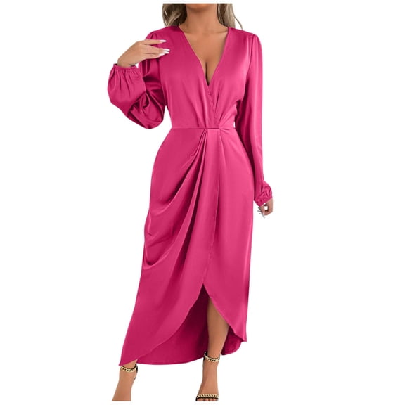 ZQUUVOU Women's Satin Slip Dress V Neck Long Sleeve Solid Color Midaxi Gown Elegant Formal Dress Wedding Guest Hot Pink