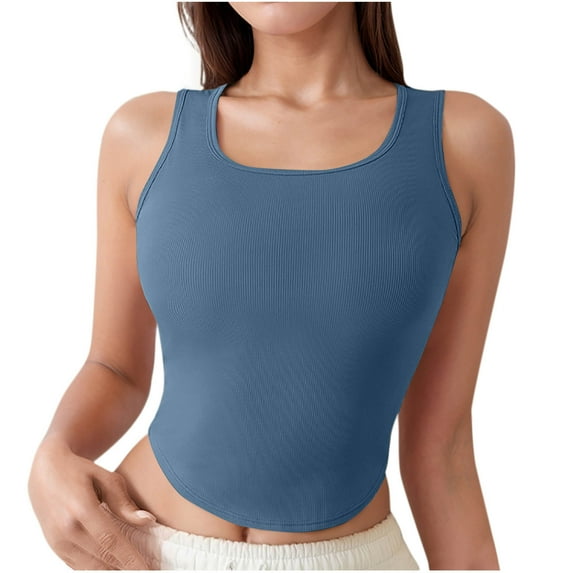 ZQUUVOU Women's Seamless Ribbed Tank Top Racerback Camisoles Breathable Scoop Neck Athletic Workout Slim Cami Blue B