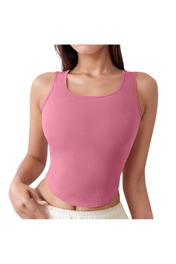 Women's Seamless Ribbed Tank Top Racerback Camisoles Breathable Scoop Neck Athletic Workout Slim Cami Pink B