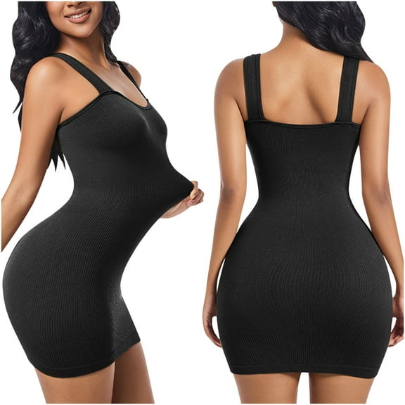 ZQUUVOU Women's Seamless Slip Dress Built In Shapewear Tummy Control Sleeveless Spaghetti Strap Bodycon Mini Dress Black