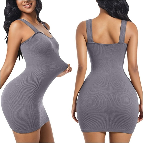 ZQUUVOU Women's Seamless Slip Dress Built In Shapewear Tummy Control Sleeveless Spaghetti Strap Bodycon Mini Dress Gray