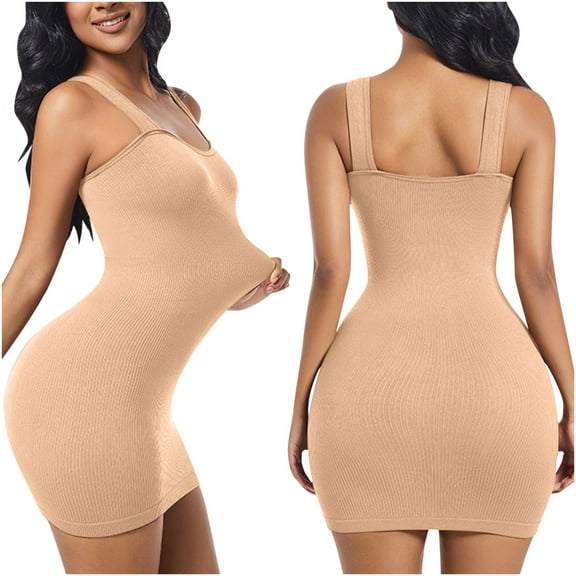 ZQUUVOU Women's Seamless Slip Dress Built In Shapewear Tummy Control Sleeveless Spaghetti Strap Bodycon Mini Dress Yellow