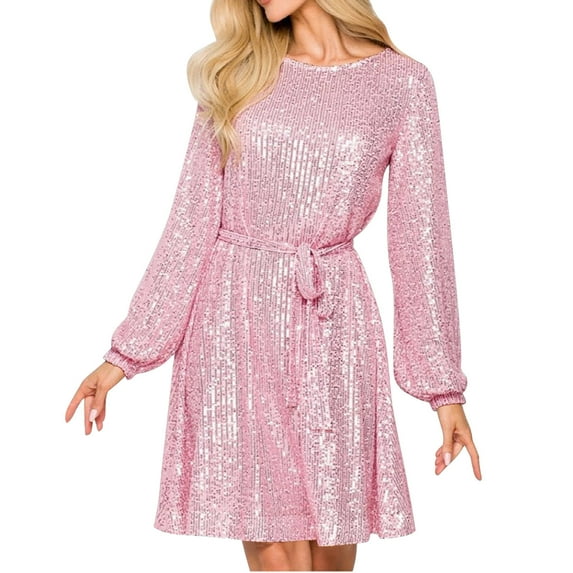 ZQUUVOU Women's Sequin Beaded Party Dress Cocktail Long Sleeve Round Neck Sparkly Mini Shift for Evening Holiday Pink