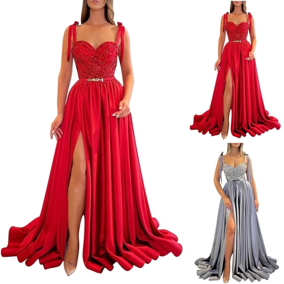 ZQUUVOU Women's Sequin Evening Gown Tie Up Sleeveless Pleated Formal Ball Gown V Neck High Split Party Dress Gray