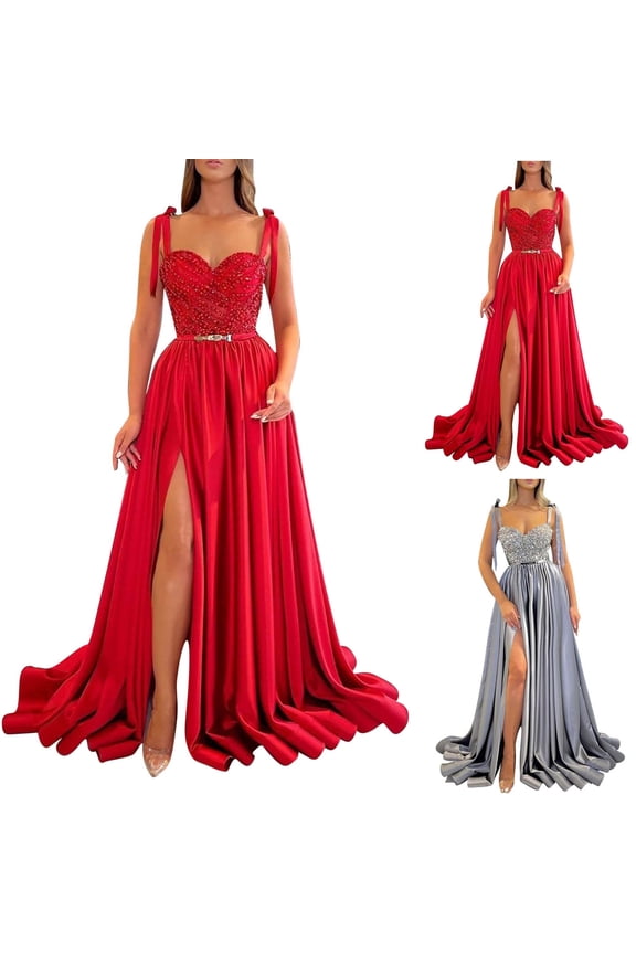 Women's Sequin Evening Gown Tie Up Sleeveless Pleated Formal Ball Gown V Neck High Split Party Dress Gray