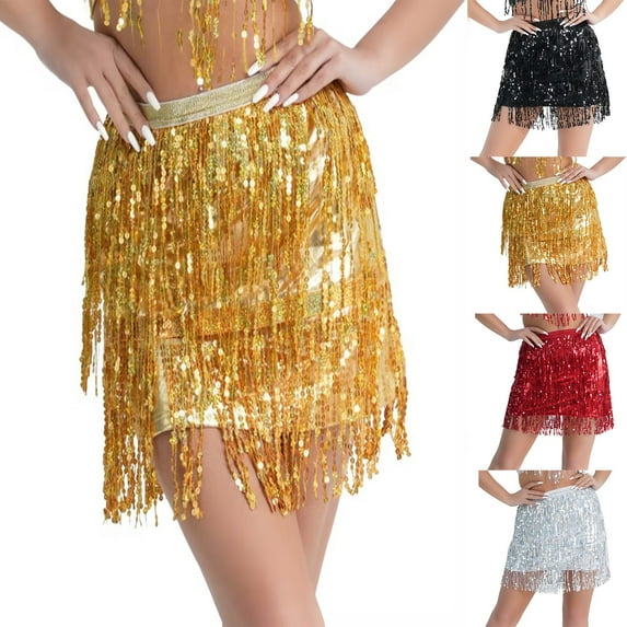 ZQUUVOU Women's Sequin Fringe Dance Skirt Performance Sparkling Tassel Hem Puffy Bodycon Stage Show Practice Red