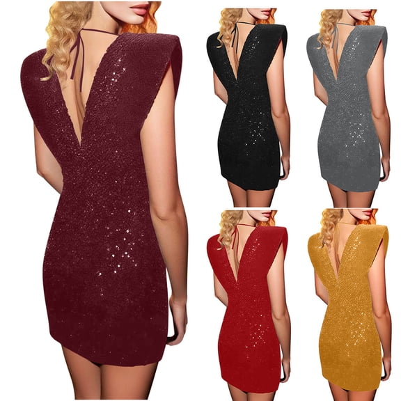 ZQUUVOU Women's Sequin Mini Dress Backless Crew Neck Sleeveless Glittery Party Gown for Club Night Celebration Black