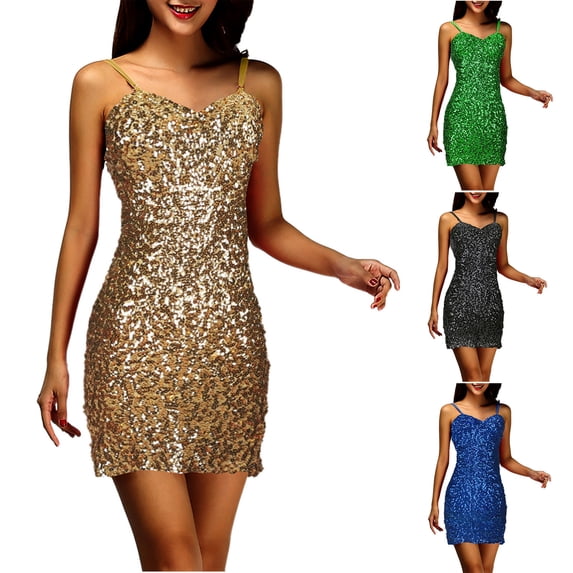 ZQUUVOU Women's Sequin Party Dresses Sleeveless V Neck Spaghetti Straps Bodycon Festive Holiday Formal Homecoming Dress Black