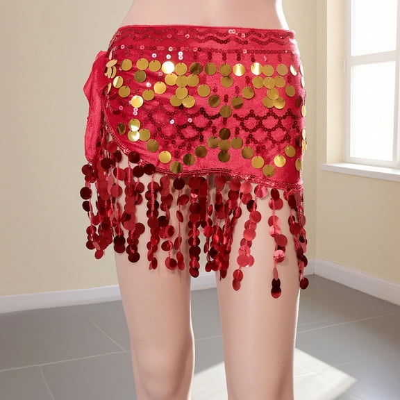 ZQUUVOU Women's Sequin Tassel Skirt Festival Performance Skirt Bodycon with Fringe Hip Cutout Beaded Dance Skirt Red