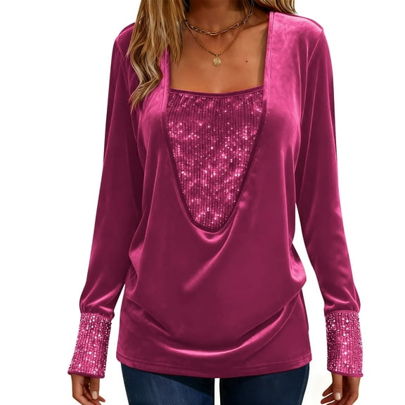 ZQUUVOU Women's Sequin Velvet Tops Solid Color Fall Plus Size Long Sleeve V Neck Loose Sparkle Party Shirts Hot Pink
