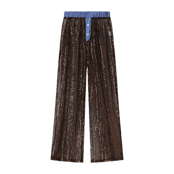 ZQUUVOU Women's Sequin Wide Leg Pants Loose Casual Sparkly Tightness Looseness Waist Button Wide Legs Full Length Pants Coffee