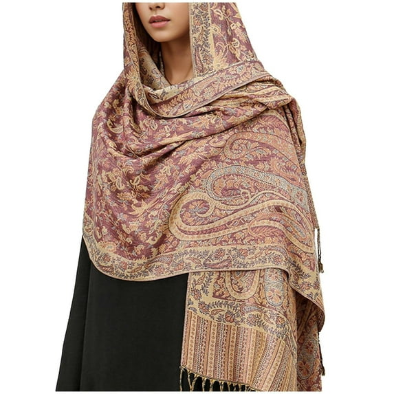 ZQUUVOU Women's Shawls and Wraps Soft Pashmina Ethnic Style Warm Vintage Scarf Silky Reversible Paisley Tassels Scarf Khaki
