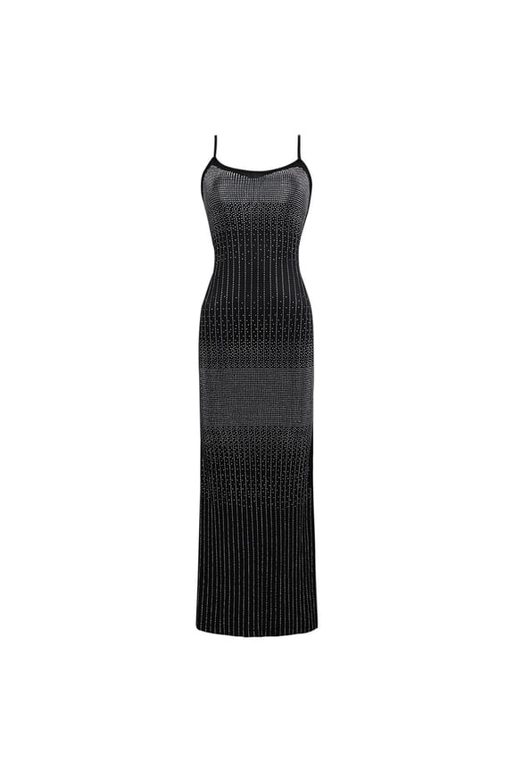 Women's Sheer Mesh Bustier Gown Rhinestone Slimming Spaghetti Strap Bodycon Formal Maxi Dress for Wedding Evening Black