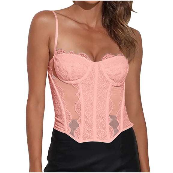 ZQUUVOU Women's Sheer Mesh Lace Bodysuit Spaghetti Strap Bustier Corset Tops Party Club Cami Tops Shapewear Pink
