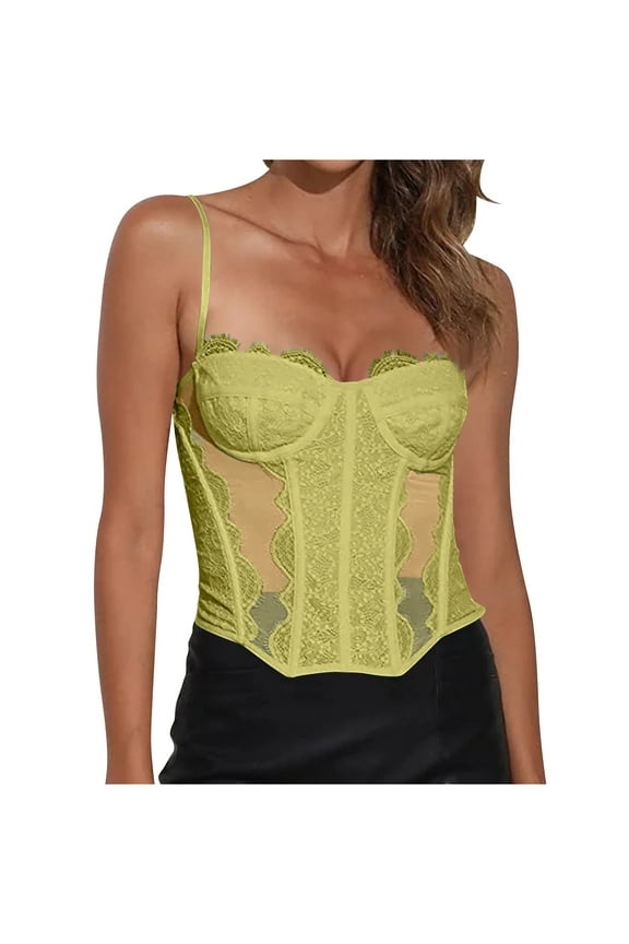 Women's Sheer Mesh Lace Bodysuit Spaghetti Strap Bustier Corset Tops Party Club Cami Tops Shapewear Yellow