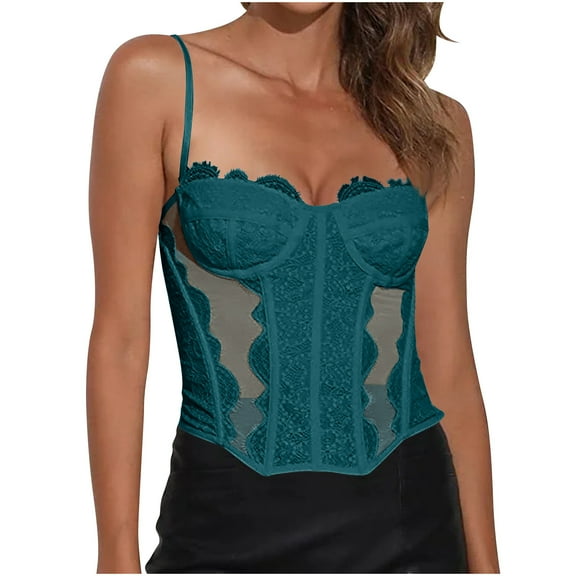 ZQUUVOU Women's Sheer Mesh Lace Bodysuit Spaghetti Strap Bustier Corset Tops Rave Party Club Cami Tops Shapewear Green