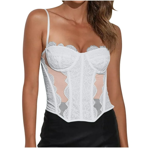 ZQUUVOU Women's Sheer Mesh Lace Bodysuit Spaghetti Strap Bustier Corset Tops Rave Party Club Cami Tops Shapewear White