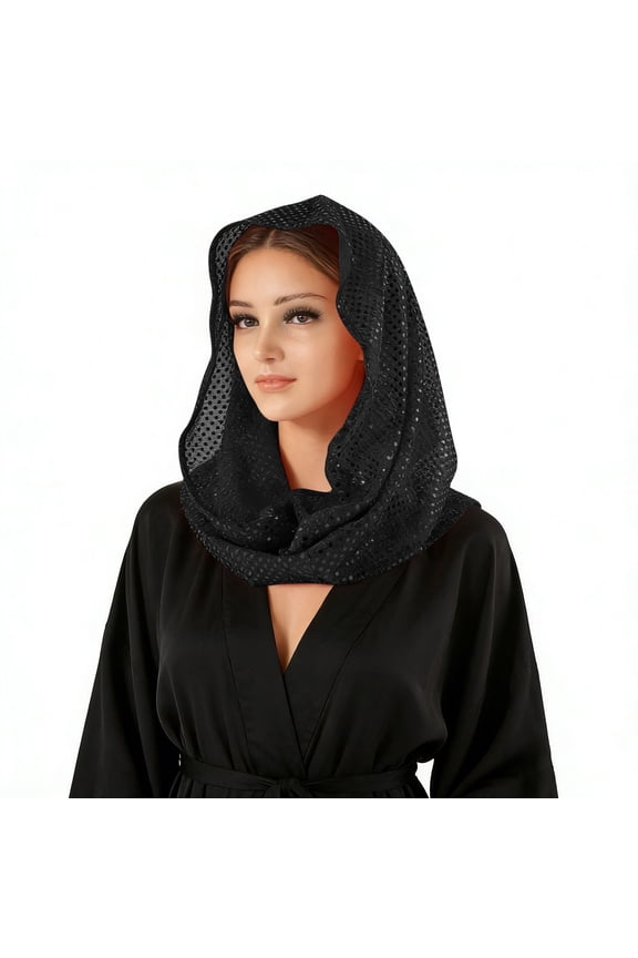 Women's Sheer Scarf Hijab Sequin Trim Solid Color Lightweight Breathable Muslim Head Wrap Shawl Hood Head Cover Black