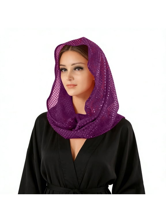 Women's Sheer Scarf Hijab Sequin Trim Solid Color Lightweight Breathable Muslim Head Wrap Shawl Hood Head Cover Purple