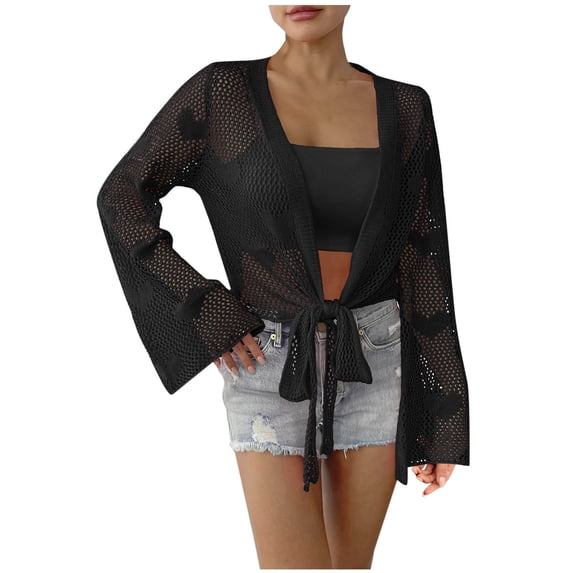 ZQUUVOU Women's Sheer Shrug Sweaters Long Sleeve Open Front Tie Cardigan Beach Cover Up Hollow Out Lightweight Crochet Knit Tops Black