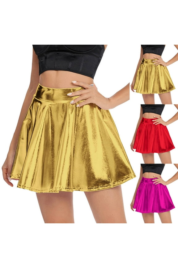 Women's Shiny Flared Pleated Skirt Solid Mini Skater Skirt Night Out Metallic Silver High Waist Skirts Gold