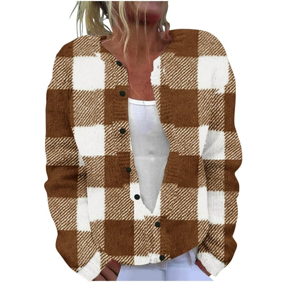 ZQUUVOU Women's Shirts Crew Neck Printed Knitted Cardigan Button Coat (Brown,4XL)