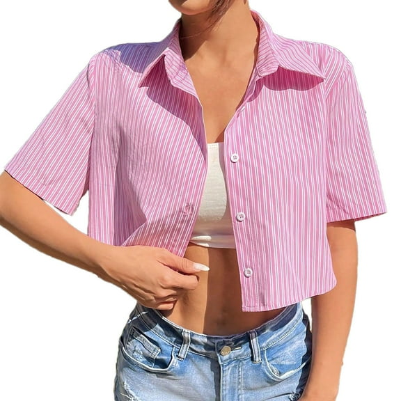 ZQUUVOU Women's Shirts Summer Striped Back Short Sleeved Crop Top (Pink,L)