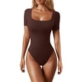thumbnail image 1 of ZQUUVOU Women's Short Leeve Shapewear Tummy Control Bodysuit Thong Solid Color Square Neck Breathable Yoga Body Shaper Coffee, 1 of 3