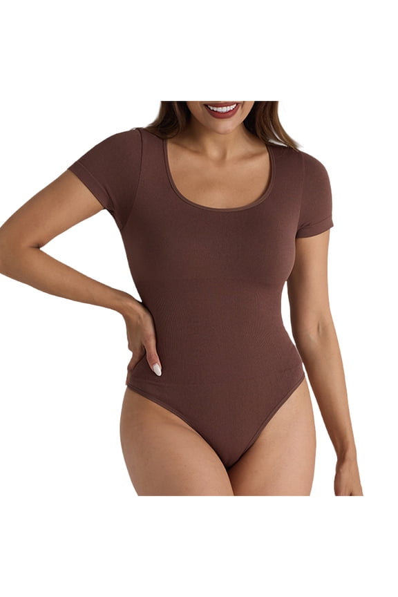 Women's Short Sleeve Bodysuits Square Neck Solid Color Basic Breathable Stretchy T Shirts Bodysuits Tops Coffee