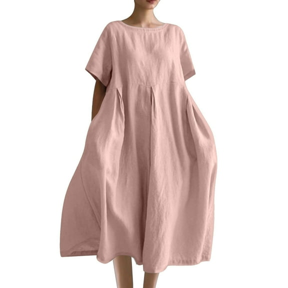 ZQUUVOU Women's Short Sleeve Dress Oversized Summer Round Neck Knee Length Staple Piece Casual Loungewear Outfit Pink