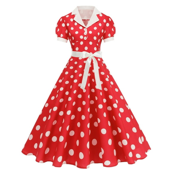 ZQUUVOU Women's Short Sleeve Maxi Dress Collar Polka Dot Print Tiered Skirt with Sash Elegant Vintage Outfits Red A