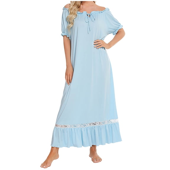 ZQUUVOU Women's Short Sleeve Nightgown Solid Color Soft Comfortable Knee Length Sleep Dress Lounge Wear Blue
