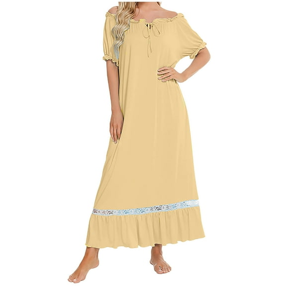 ZQUUVOU Women's Short Sleeve Nightgown Solid Color Soft Comfortable Knee Length Sleep Dress Lounge Wear Yellow