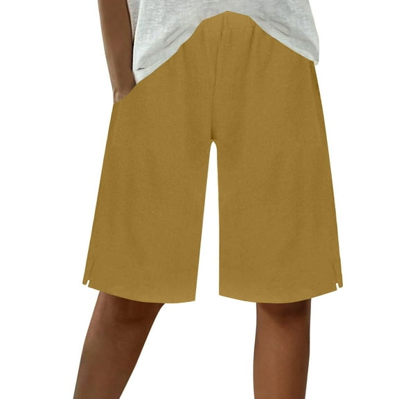 ZQUUVOU Women's Shorts Pants Solid Color Casual Capris Pants(Yellow,S)