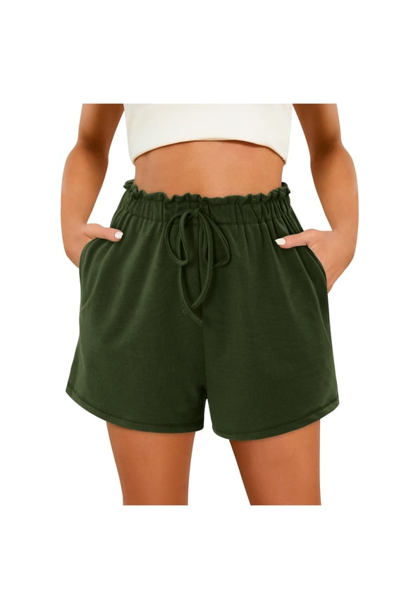 Women's Shorts Solid Color Drawstring Yoga Sport Shorts(Olive Green,XL)