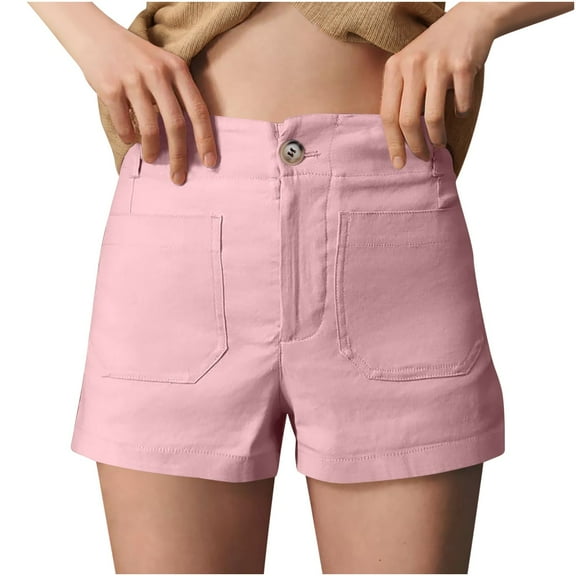 ZQUUVOU Women's Shorts Solid Color High Waisted Elastic Twill Fabric Casual Large Button Shorts Pocket (Pink,2XL)