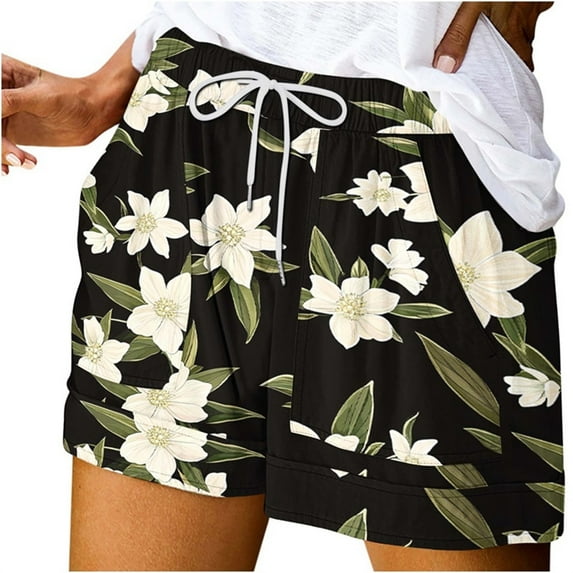 ZQUUVOU Women's Shorts Summer Drawstring Boho Printed Casual Pants Pocket（H-Multicolor,2XL）