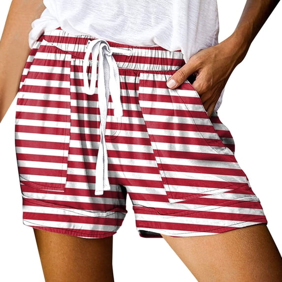 ZQUUVOU Women's Shorts Summer Striped Pocket Drawstring Elastic Bandage Casual Short(Red,L)