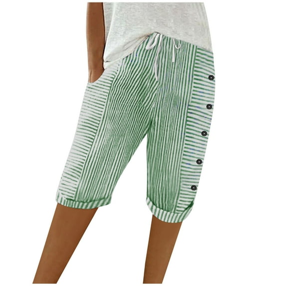ZQUUVOU Women's Shorts Summer Woven Striped Patchwork Button Loose Linen Casual Capris Shorts(Green,2XL)
