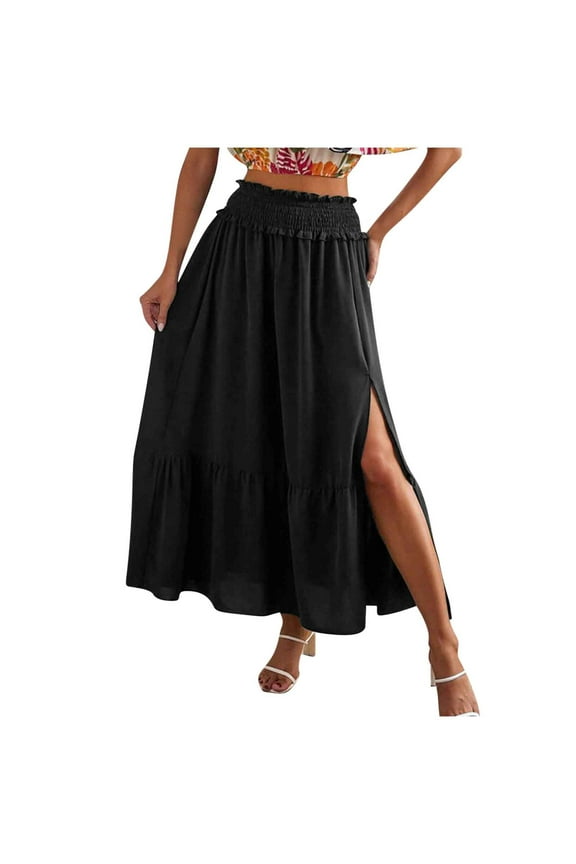 Women's Side Split Skirt Summer Solid Color Elastic Waist Comfortable Casual A Line Basic Midi Skirt Black