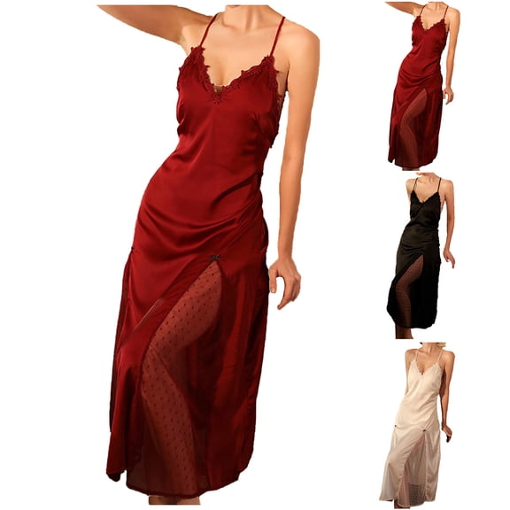 ZQUUVOU Women's Silk Lace Slip Dress Spring Summer Sleeveless Spaghetti Strap Cutout Dress High Split Cami Sleepwear Black