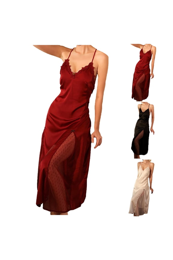 Women's Silk Lace Slip Dress Spring Summer Sleeveless Spaghetti Strap Cutout Dress High Split Cami Sleepwear Black