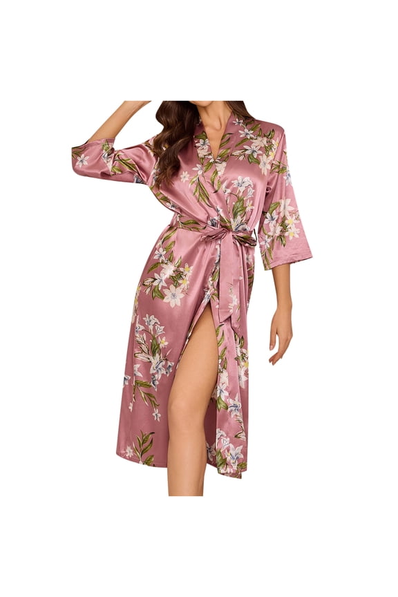 Women's Silk Robe Valentines Kimono Bathrobe Short Ruffle Belted Robes Bridesmaids Sleepwear Pajama Sets Pink